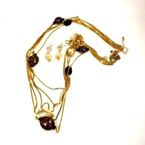 Layered Beaded Gold tone Long Necklace W/ matching Earrings - Women Jewelry